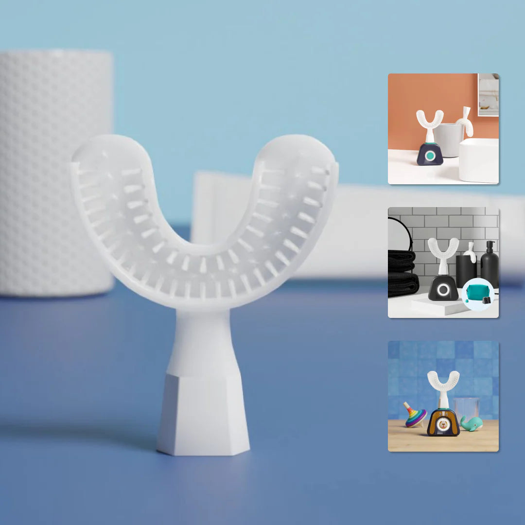 White dental device on a blue background with inset images showing its use in different settings.